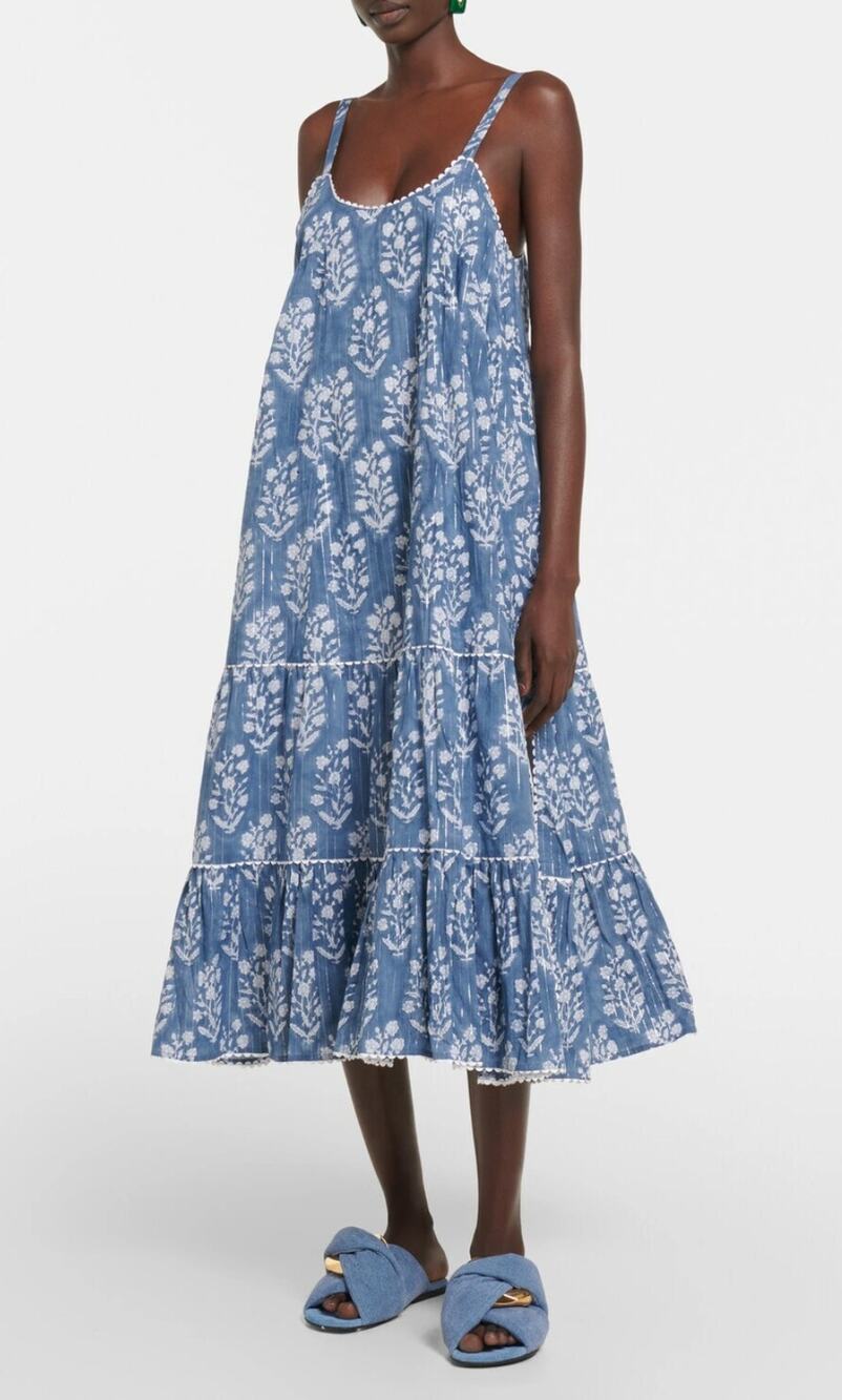 Juliet Dunn Tuckernuck Navy Blue Floral Block Print Cotton Midi Dress Sleeveless